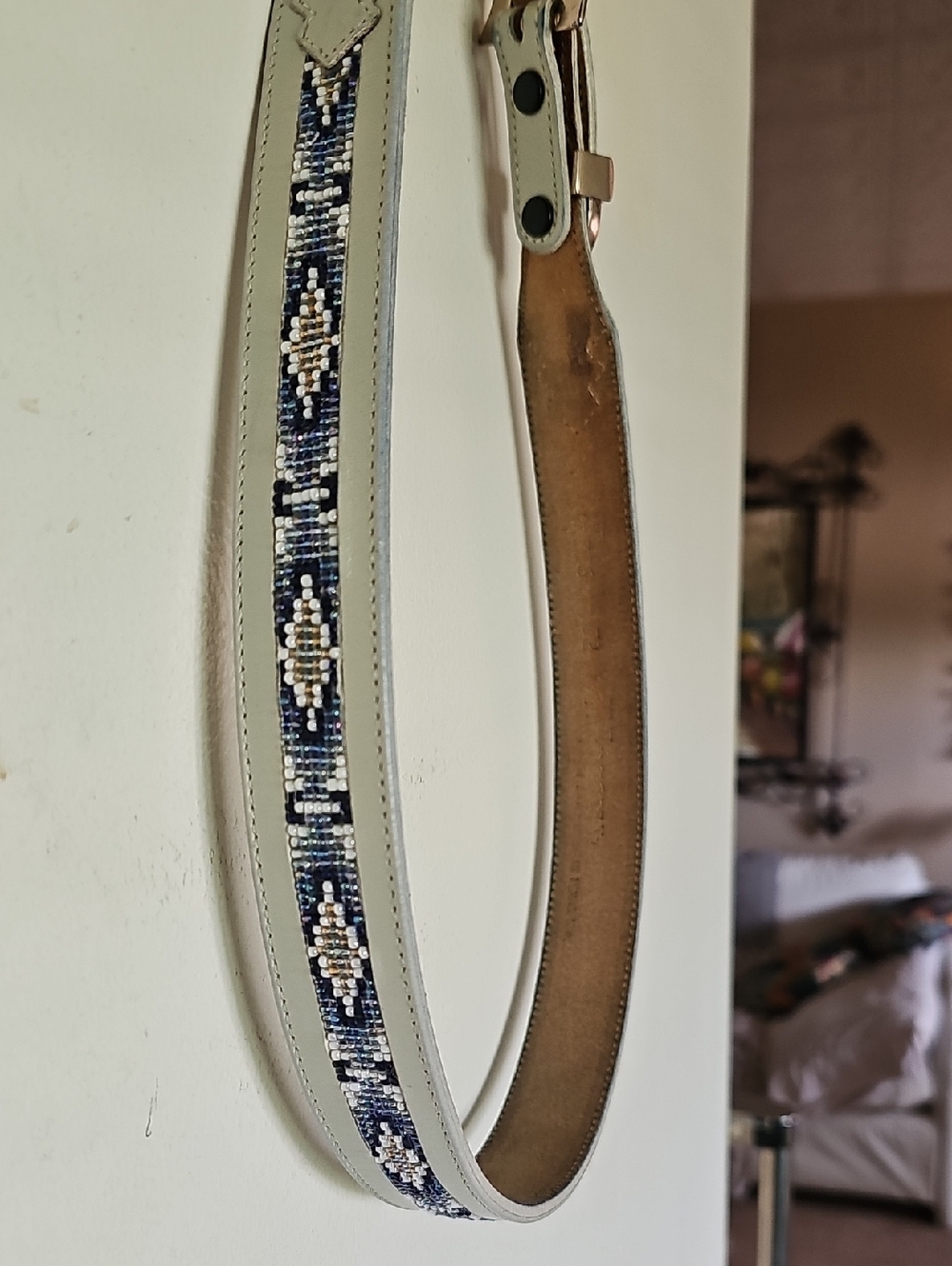 Beaded Leather Belt in Light Gray with Blue Accent.